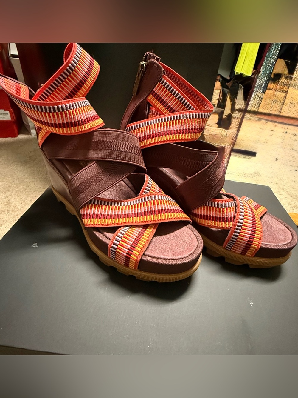Sorel Burgundy Wedge Sandals with Orange Multi-Striped Straps